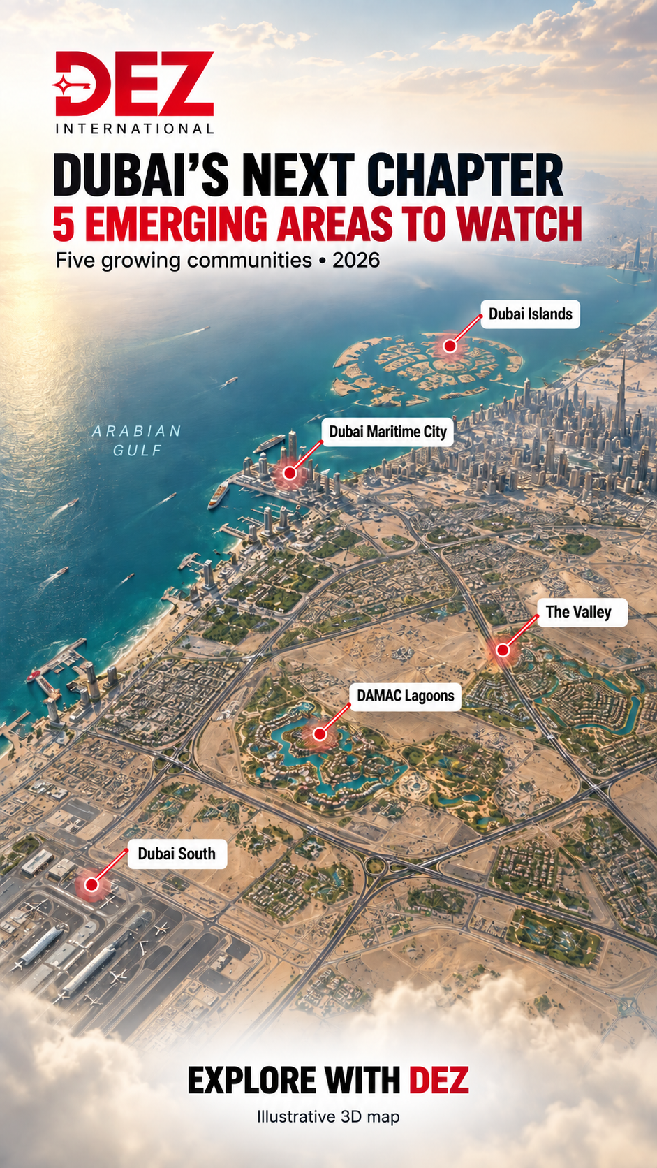 Dubai’s next chapter: an editorial illustration of Dubai South, Dubai Islands, Dubai Maritime City, DAMAC Lagoons and The Valley