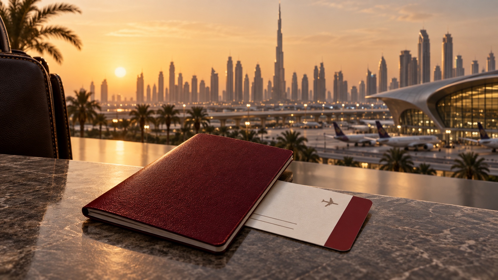 Passport and boarding pass overlooking the Dubai skyline
